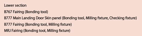 Lower section B767 Fairing (Bonding tool) B777 Main Landing Door Skin panel (Bonding tool, Milling fixture, Checking fixture) B777 Fairing (Bonding tool, Milling fixture) MRJ Fairing (Bonding tool, Milling fixture)